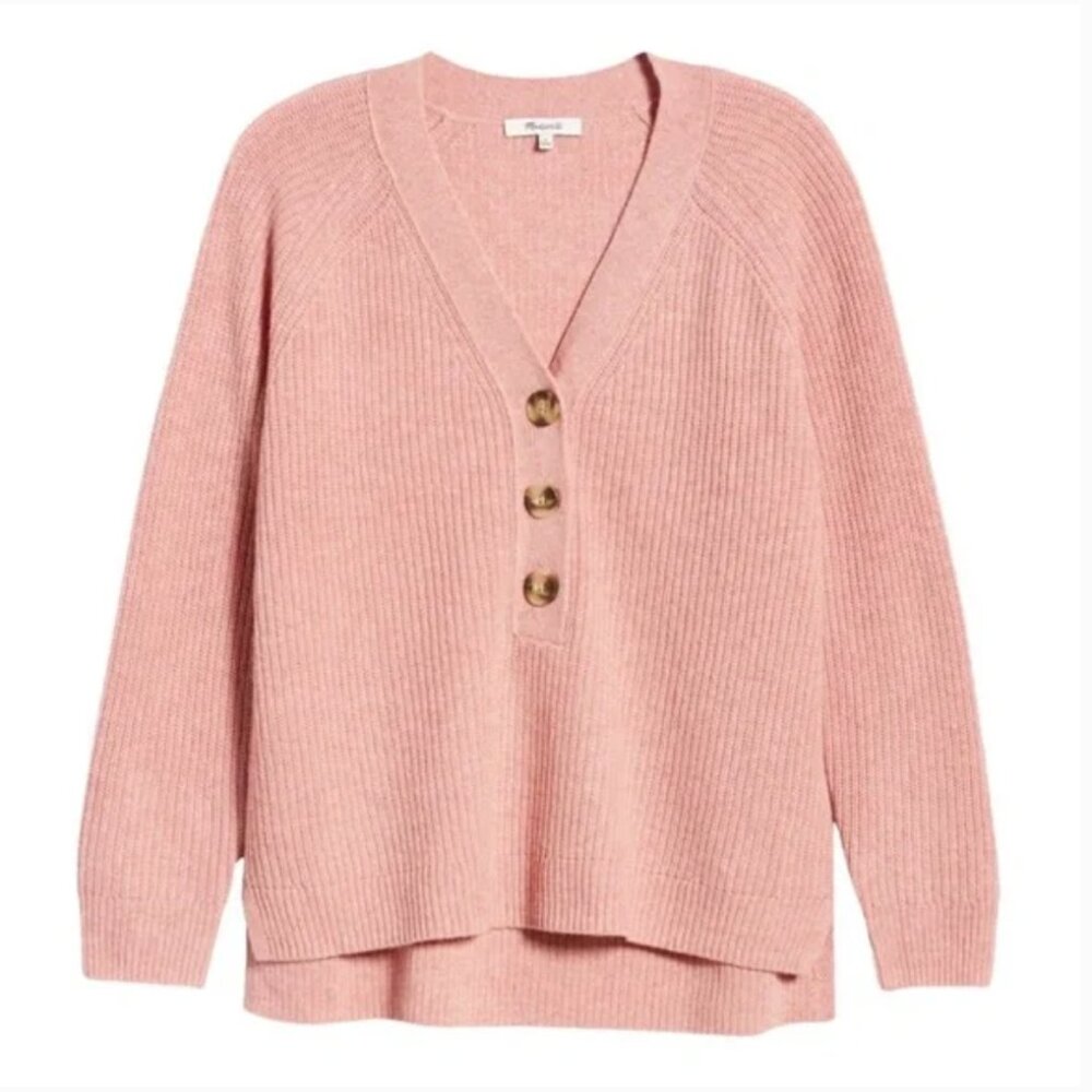 Madewell Pink Ribbed Lyle Henley Wool V-neck Sweater XS